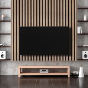 large smart tv mockup hanging on the wall in modern living room