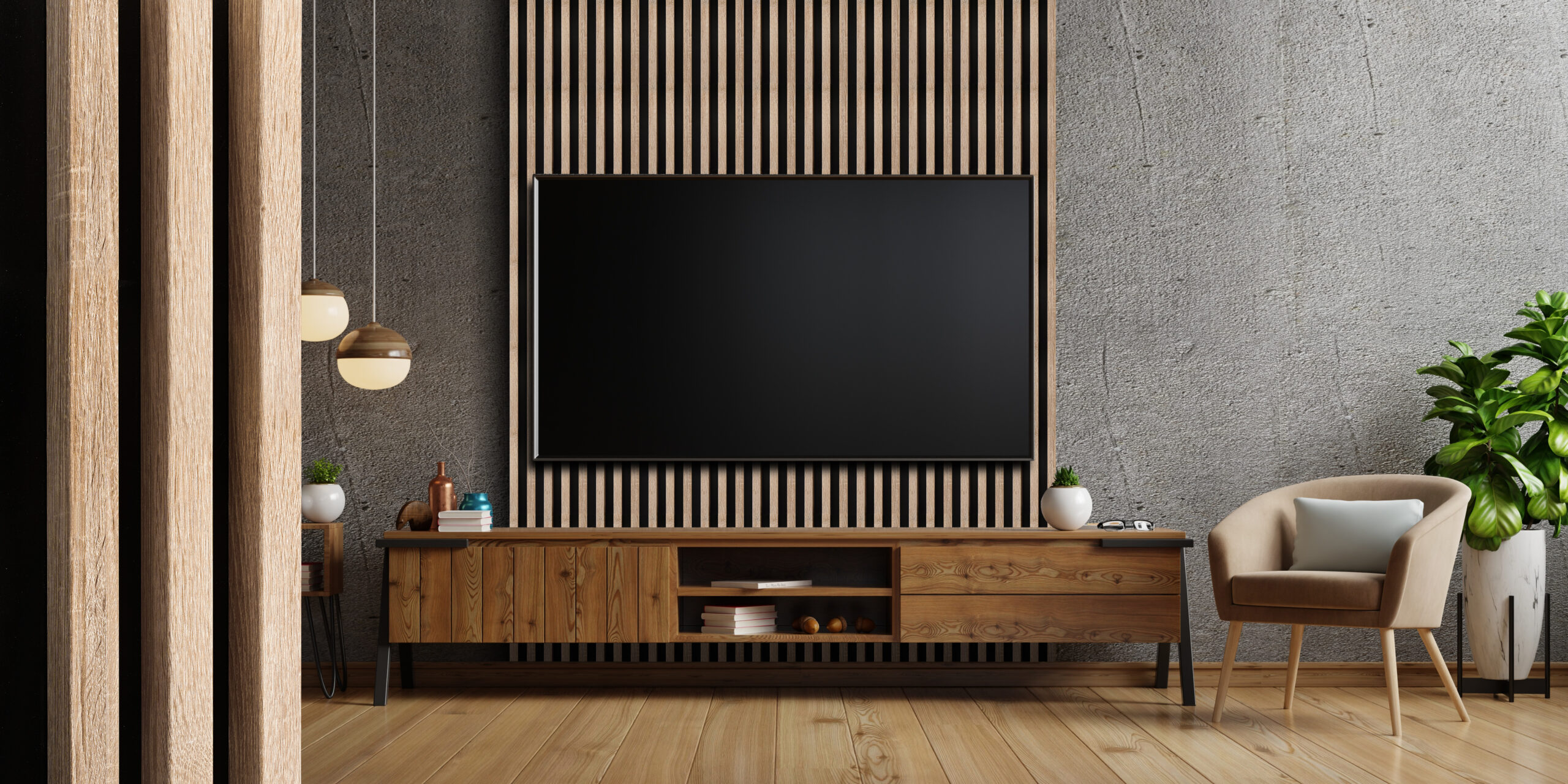 tv on cabinet the in modern living room the concrete wall.