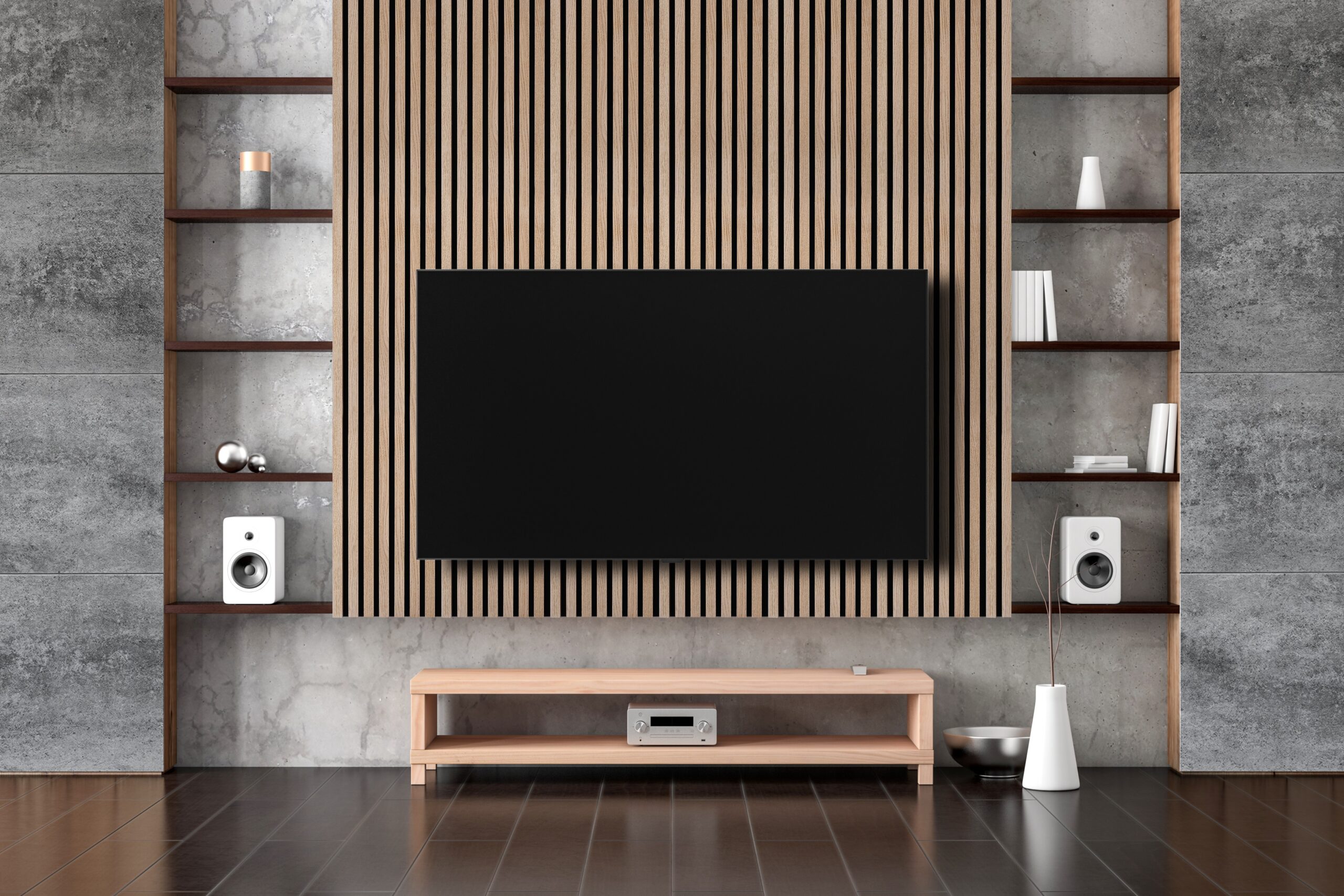 large smart tv mockup hanging on the wall in modern living room large smart tv mockup hanging on the wall in modern living room